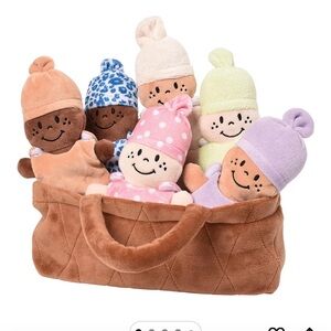 6 Pack Soft Plush Baby Doll Multicolored Set with Carrying Basket